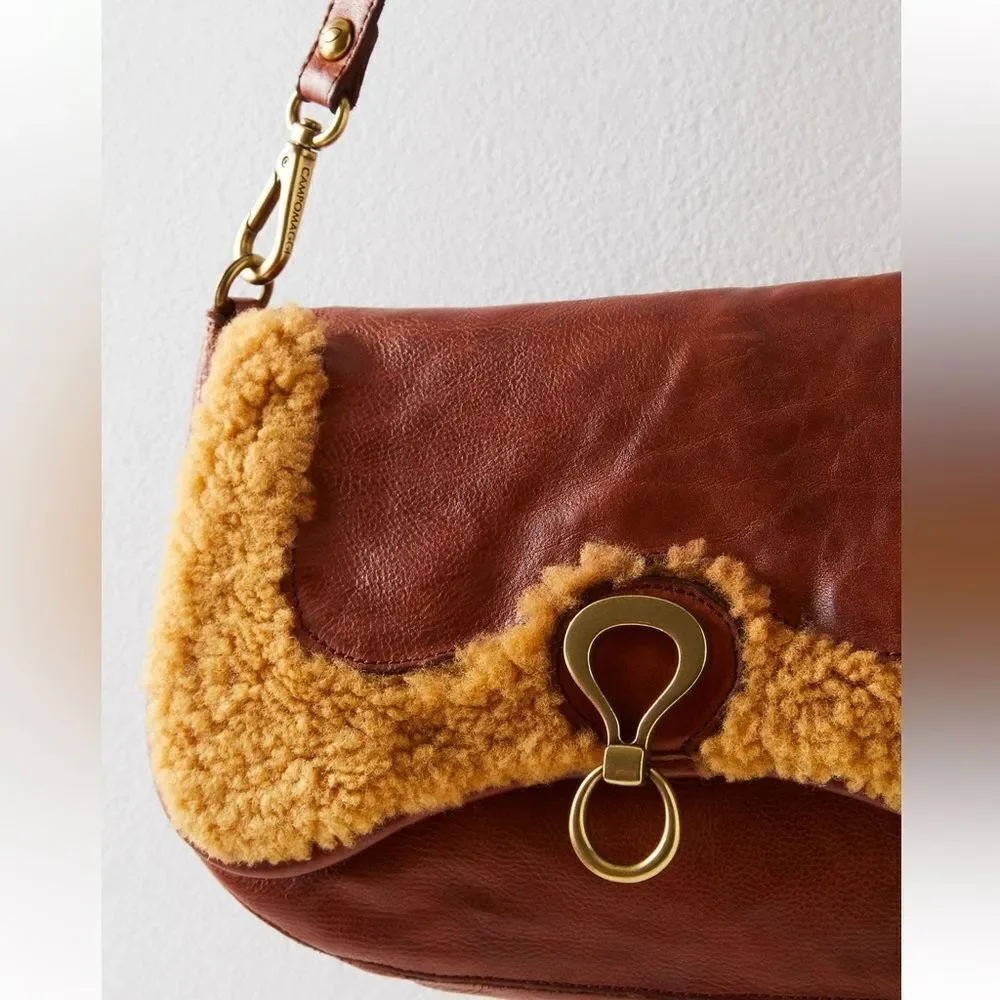 Campomaggi x Free People Salvatore Shearling Trim Leather Shoulder Bag in Cognac - Picture 4 of 15